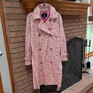 London Fog Pink Floral Double-Breasted Trench Coat, Size L Petite, EUC